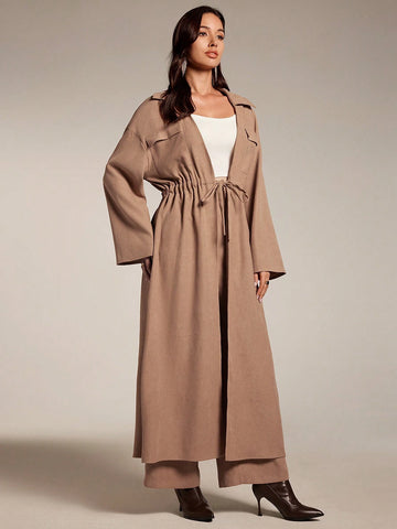 Women 2pcs Set Solid Color Tie Waist Long Sleeve Top And Pants, Elegant Women 2pcs Set Solid Color Tie Waist Long Sleeve Top And Pants, Elegant