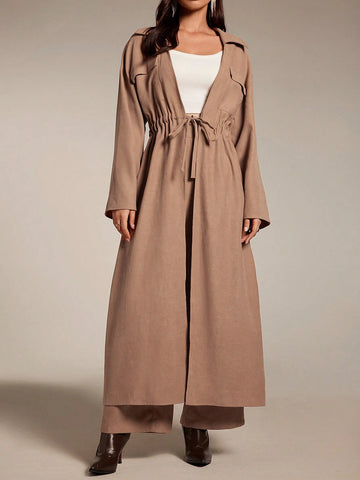 Women 2pcs Set Solid Color Tie Waist Long Sleeve Top And Pants, Elegant Women 2pcs Set Solid Color Tie Waist Long Sleeve Top And Pants, Elegant