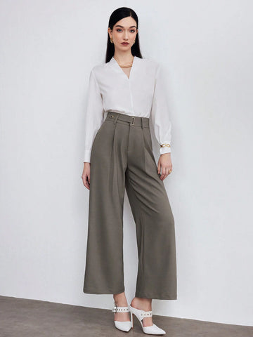 Modely Women Solid Color Pleated Straight Leg Relaxed Casual Pants For Office Work Modely Women Solid Color Pleated Straight Leg Relaxed Casual Pants For Office Work