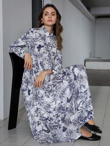 1pc Random Floral Print Button-Up Long Sleeve Pleated A-Line Dress For Women 1pc Random Floral Print Button-Up Long Sleeve Pleated A-Line Dress For Women