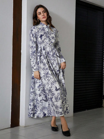 1pc Random Floral Print Button-Up Long Sleeve Pleated A-Line Dress For Women 1pc Random Floral Print Button-Up Long Sleeve Pleated A-Line Dress For Women