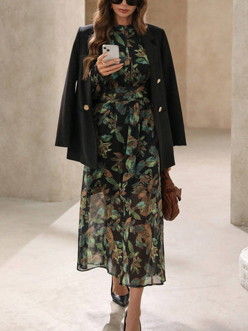 Modichic Elegant Ditsy Floral Waist Cinched Waist Long Sleeve Shirt Dress For Women Modichic Elegant Ditsy Floral Waist Cinched Waist Long Sleeve Shirt Dress For Women
