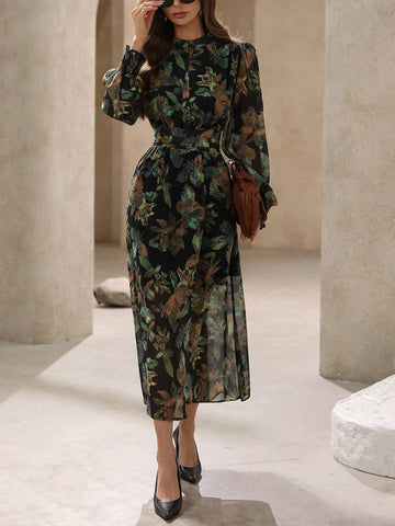 Modichic Elegant Ditsy Floral Waist Cinched Waist Long Sleeve Shirt Dress For Women Modichic Elegant Ditsy Floral Waist Cinched Waist Long Sleeve Shirt Dress For Women