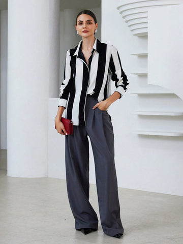 Modichic Women's Elegant Commuter Chic Random Striped Versatile Long Sleeve Blouse, Fall Modichic Women's Elegant Commuter Chic Random Striped Versatile Long Sleeve Blouse, Fall