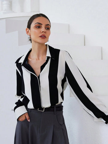 Modichic Women's Elegant Commuter Chic Random Striped Versatile Long Sleeve Blouse, Fall Modichic Women's Elegant Commuter Chic Random Striped Versatile Long Sleeve Blouse, Fall