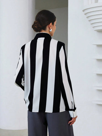 Modichic Women's Elegant Commuter Chic Random Striped Versatile Long Sleeve Blouse, Fall Modichic Women's Elegant Commuter Chic Random Striped Versatile Long Sleeve Blouse, Fall