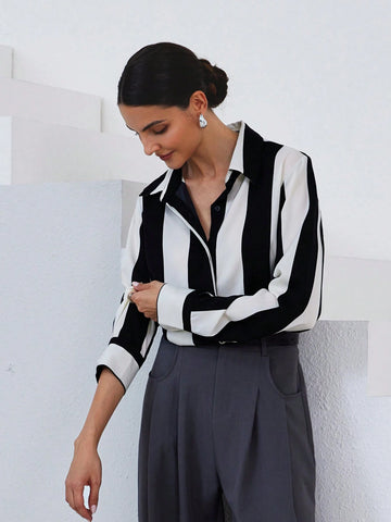 Modichic Women's Elegant Commuter Chic Random Striped Versatile Long Sleeve Blouse, Fall Modichic Women's Elegant Commuter Chic Random Striped Versatile Long Sleeve Blouse, Fall