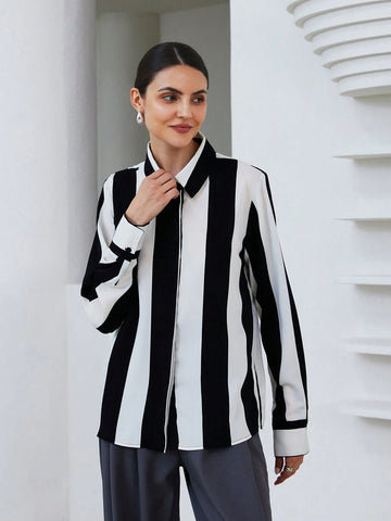 Modichic Women's Elegant Commuter Chic Random Striped Versatile Long Sleeve Blouse, Fall Modichic Women's Elegant Commuter Chic Random Striped Versatile Long Sleeve Blouse, Fall