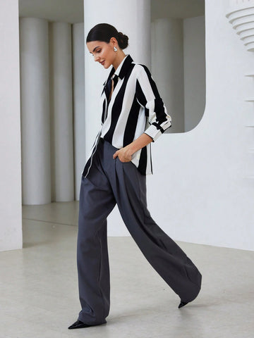 Modichic Women's Elegant Commuter Chic Random Striped Versatile Long Sleeve Blouse, Fall Modichic Women's Elegant Commuter Chic Random Striped Versatile Long Sleeve Blouse, Fall