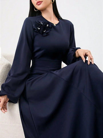 2pcs Urban Casual 3D Floral Print Suit Set For Women, Navy Blue 2pcs Urban Casual 3D Floral Print Suit Set For Women, Navy Blue