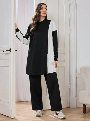 2pcs Women Casual/Office Outfit: Round Neck Color Block Side Slit Top And Loose Fit Pants, Black 2pcs Women Casual/Office Outfit: Round Neck Color Block Side Slit Top And Loose Fit Pants, Black