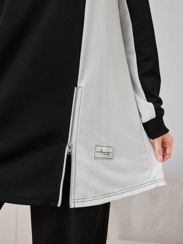 2pcs Women Casual/Office Outfit: Round Neck Color Block Side Slit Top And Loose Fit Pants, Black 2pcs Women Casual/Office Outfit: Round Neck Color Block Side Slit Top And Loose Fit Pants, Black