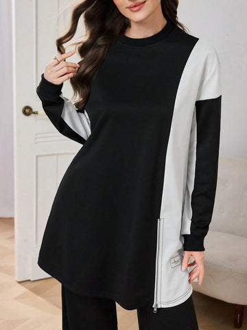 2pcs Women Casual/Office Outfit: Round Neck Color Block Side Slit Top And Loose Fit Pants, Black 2pcs Women Casual/Office Outfit: Round Neck Color Block Side Slit Top And Loose Fit Pants, Black