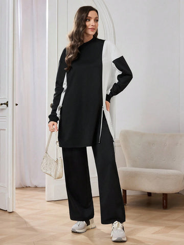 2pcs Women Casual/Office Outfit: Round Neck Color Block Side Slit Top And Loose Fit Pants, Black 2pcs Women Casual/Office Outfit: Round Neck Color Block Side Slit Top And Loose Fit Pants, Black