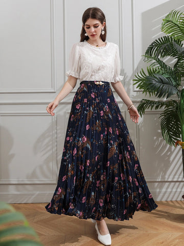 Mulvari Allover Floral Belted Pleated Skirt Mulvari Allover Floral Belted Pleated Skirt