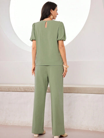 Casual Ruffle Trim Decorated Short Sleeve Top And Pants Set For Summer Casual Ruffle Trim Decorated Short Sleeve Top And Pants Set For Summer