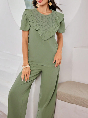 Casual Ruffle Trim Decorated Short Sleeve Top And Pants Set For Summer Casual Ruffle Trim Decorated Short Sleeve Top And Pants Set For Summer