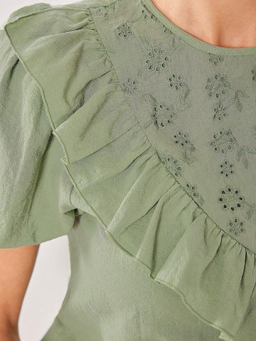 Casual Ruffle Trim Decorated Short Sleeve Top And Pants Set For Summer Casual Ruffle Trim Decorated Short Sleeve Top And Pants Set For Summer