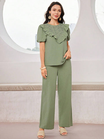 Casual Ruffle Trim Decorated Short Sleeve Top And Pants Set For Summer Casual Ruffle Trim Decorated Short Sleeve Top And Pants Set For Summer