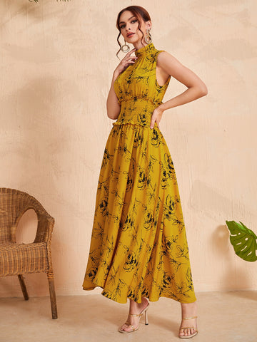Mulvari Ruched Neck Frill Trim Shirred Waist Floral Dress Mulvari Ruched Neck Frill Trim Shirred Waist Floral Dress