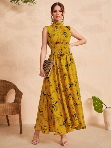 Mulvari Ruched Neck Frill Trim Shirred Waist Floral Dress Mulvari Ruched Neck Frill Trim Shirred Waist Floral Dress