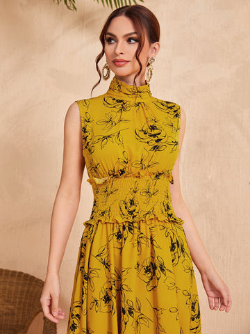 Mulvari Ruched Neck Frill Trim Shirred Waist Floral Dress Mulvari Ruched Neck Frill Trim Shirred Waist Floral Dress