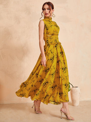 Mulvari Ruched Neck Frill Trim Shirred Waist Floral Dress Mulvari Ruched Neck Frill Trim Shirred Waist Floral Dress