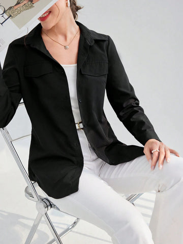 Solid Color Long Sleeve Women's Casual Shirt With Faux Pocket, Spring/Summer Solid Color Long Sleeve Women's Casual Shirt With Faux Pocket, Spring/Summer
