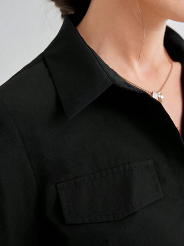Solid Color Long Sleeve Women's Casual Shirt With Faux Pocket, Spring/Summer Solid Color Long Sleeve Women's Casual Shirt With Faux Pocket, Spring/Summer