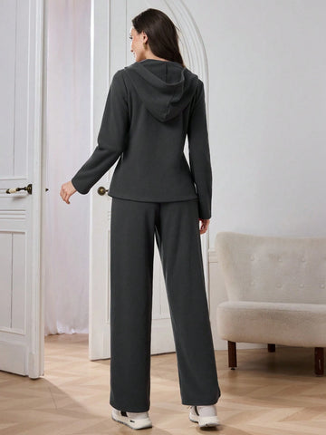 Women Double-Sided Sherpa Hooded Zip-Up Jacket And Casual Long Pants 2-Piece Set, Dark Grey Women Double-Sided Sherpa Hooded Zip-Up Jacket And Casual Long Pants 2-Piece Set, Dark Grey