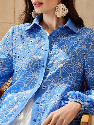 Mulvari Women's Hollow Out Flower Embroidery Lantern Sleeve Shirt Mulvari Women's Hollow Out Flower Embroidery Lantern Sleeve Shirt