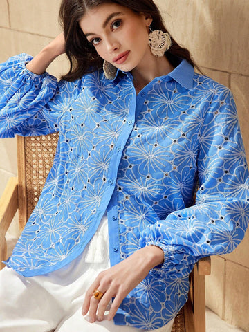 Mulvari Women's Hollow Out Flower Embroidery Lantern Sleeve Shirt Mulvari Women's Hollow Out Flower Embroidery Lantern Sleeve Shirt