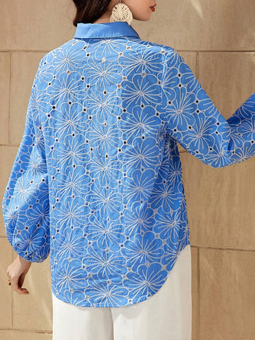 Mulvari Women's Hollow Out Flower Embroidery Lantern Sleeve Shirt Mulvari Women's Hollow Out Flower Embroidery Lantern Sleeve Shirt