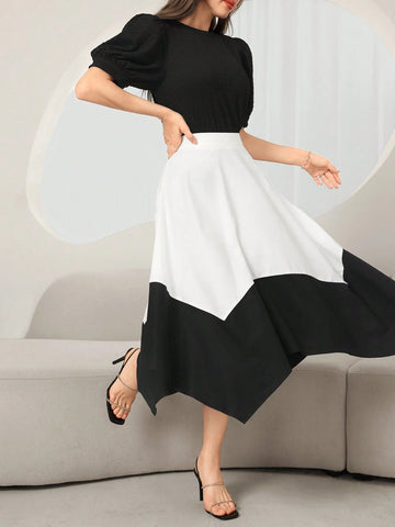 Women's Plain And Simple Daily Short-Sleeved Top And Color-Block Skirt Set Women's Plain And Simple Daily Short-Sleeved Top And Color-Block Skirt Set