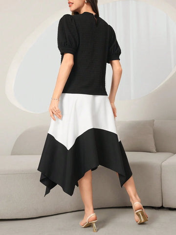 Women's Plain And Simple Daily Short-Sleeved Top And Color-Block Skirt Set Women's Plain And Simple Daily Short-Sleeved Top And Color-Block Skirt Set