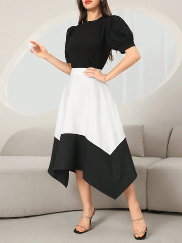 Women's Plain And Simple Daily Short-Sleeved Top And Color-Block Skirt Set Women's Plain And Simple Daily Short-Sleeved Top And Color-Block Skirt Set