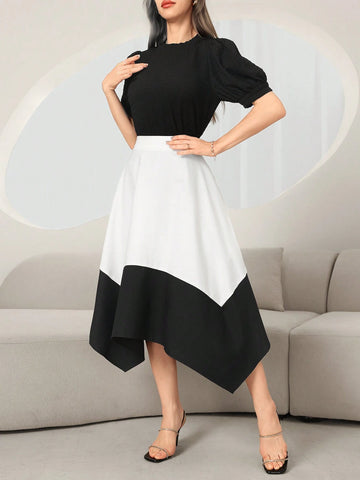 Women's Plain And Simple Daily Short-Sleeved Top And Color-Block Skirt Set Women's Plain And Simple Daily Short-Sleeved Top And Color-Block Skirt Set