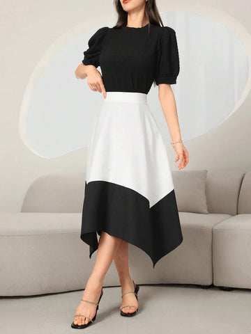 Women's Plain And Simple Daily Short-Sleeved Top And Color-Block Skirt Set Women's Plain And Simple Daily Short-Sleeved Top And Color-Block Skirt Set