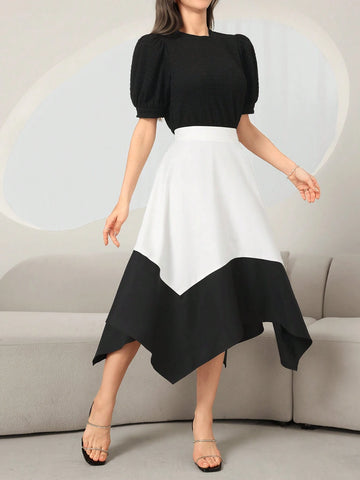 Women's Plain And Simple Daily Short-Sleeved Top And Color-Block Skirt Set Women's Plain And Simple Daily Short-Sleeved Top And Color-Block Skirt Set