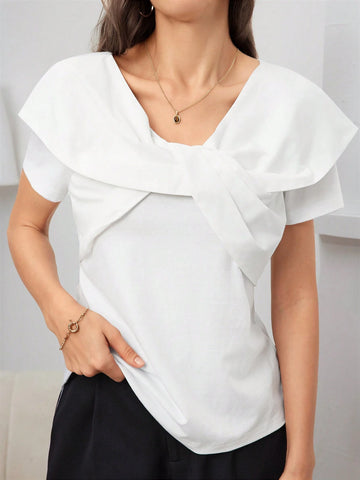 Mulvari Women's Summer Solid Color Twist Knot Short Sleeve T-Shirt Mulvari Women's Summer Solid Color Twist Knot Short Sleeve T-Shirt