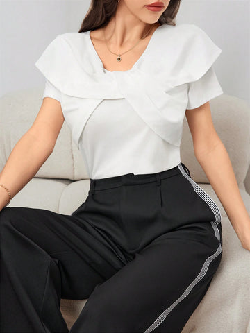 Mulvari Women's Summer Solid Color Twist Knot Short Sleeve T-Shirt Mulvari Women's Summer Solid Color Twist Knot Short Sleeve T-Shirt
