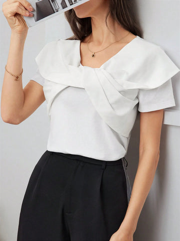 Mulvari Women's Summer Solid Color Twist Knot Short Sleeve T-Shirt Mulvari Women's Summer Solid Color Twist Knot Short Sleeve T-Shirt