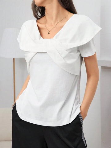 Mulvari Women's Summer Solid Color Twist Knot Short Sleeve T-Shirt Mulvari Women's Summer Solid Color Twist Knot Short Sleeve T-Shirt