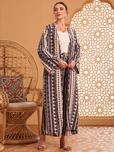 Geometric Pattern Lantern Sleeve Open Front Coat And Pants Set
