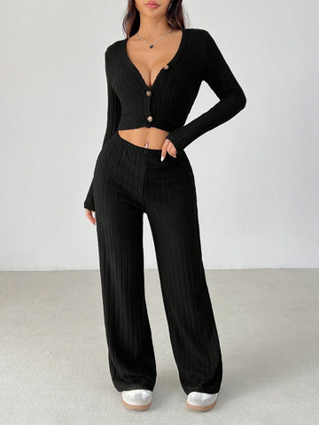 Black Ribbed Knit Cardigan & Flare Leg Knit Pants Two Piece Set Black Ribbed Knit Cardigan & Flare Leg Knit Pants Two Piece Set