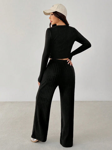 Black Ribbed Knit Cardigan & Flare Leg Knit Pants Two Piece Set Black Ribbed Knit Cardigan & Flare Leg Knit Pants Two Piece Set