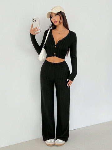 Black Ribbed Knit Cardigan & Flare Leg Knit Pants Two Piece Set Black Ribbed Knit Cardigan & Flare Leg Knit Pants Two Piece Set