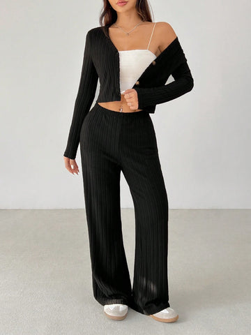 Black Ribbed Knit Cardigan & Flare Leg Knit Pants Two Piece Set Black Ribbed Knit Cardigan & Flare Leg Knit Pants Two Piece Set