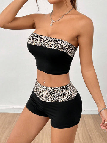Leopard Print Spliced Bandeau Top And Shorts Set Leopard Print Spliced Bandeau Top And Shorts Set