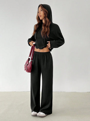 Women Solid Color Drop Shoulder Long Sleeve Drawstring Hooded Top And Pants Casual Set, For Autumn Women Solid Color Drop Shoulder Long Sleeve Drawstring Hooded Top And Pants Casual Set, For Autumn